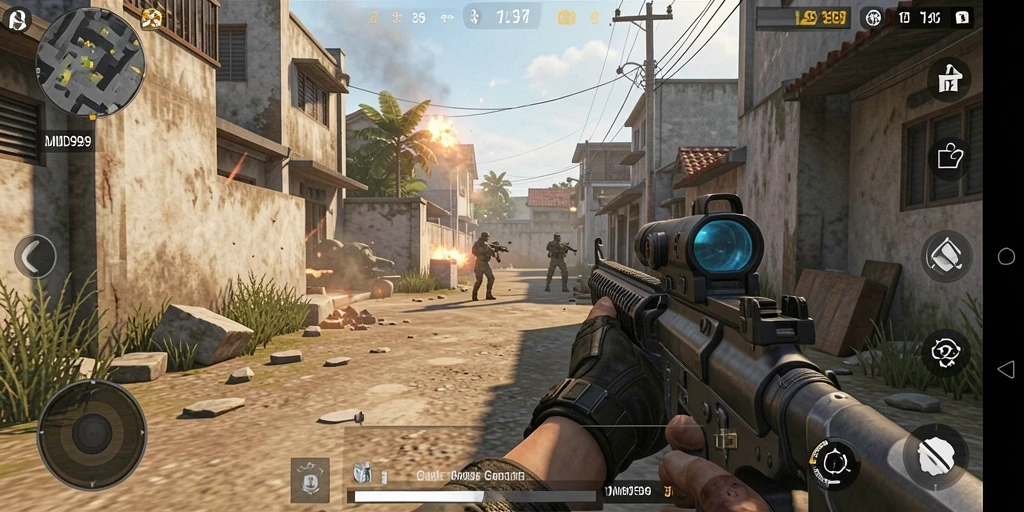 Screenshot DMD999 menunjukkan aksi mendebarkan dalam pertempuran FPS.