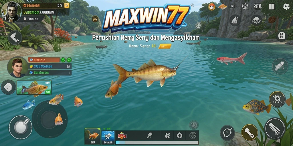 Screenshot gameplay MAXWIN77 yang menampilkan suasana memancing yang seru.