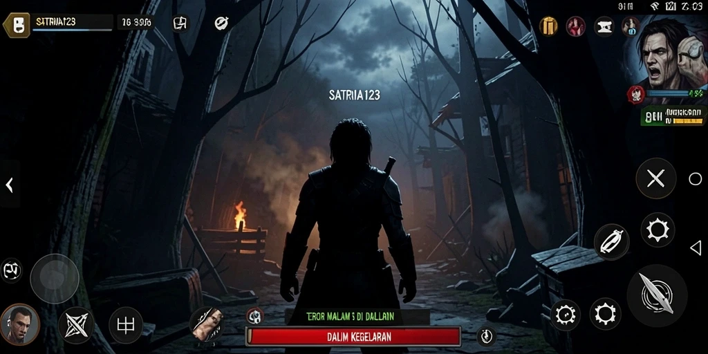 Tampilan gameplay mencekam dari SATRIA123 di dalam suasana horor.